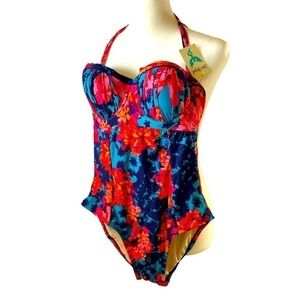 NEW Sea Angel One Piece Swimsuit Floral Women M Halter Ties Hygienic Liner